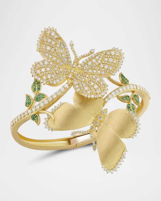 18K Yellow Diamond and Emerald Butterfly Bypass Bangle Bracelet